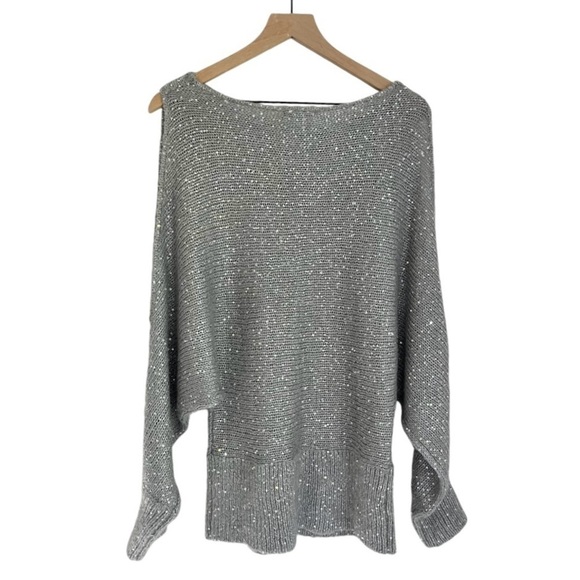 Boston Proper Mohair Open Sleeve Silver Sequin Sweater Grey Women’s Size Large - Picture 2 of 11